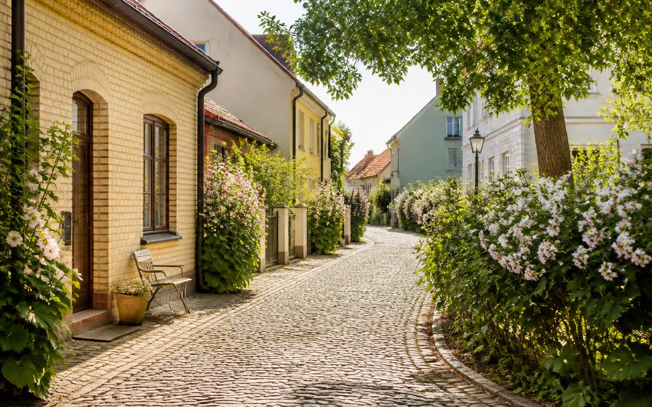 Solig bostadsgata med skånska hus och blommande häckar